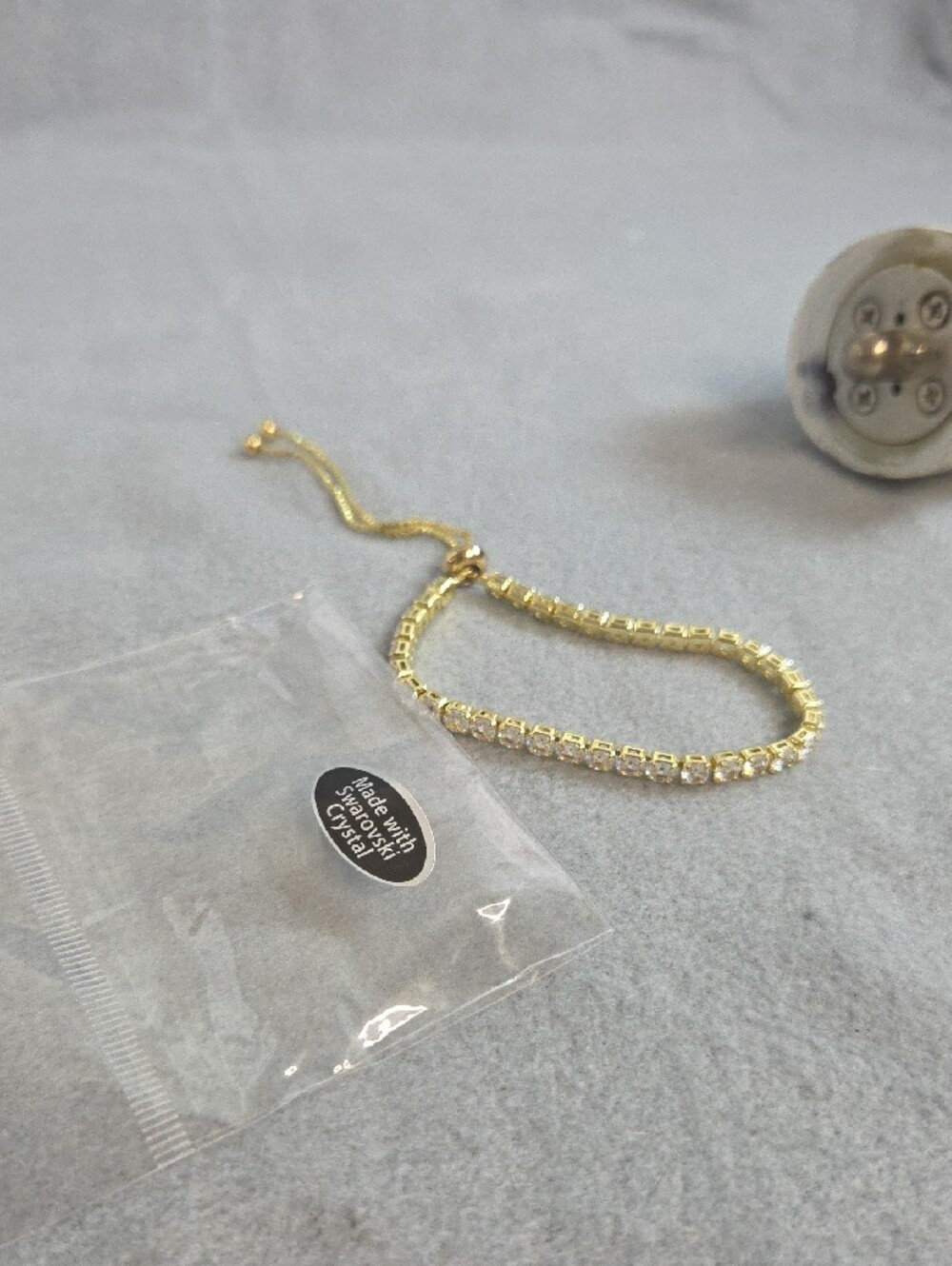 Adjustable Clear Crystal Tennis Bracelet Made w Swarovski Crystals Gold Plated. - Picture 2 of 5